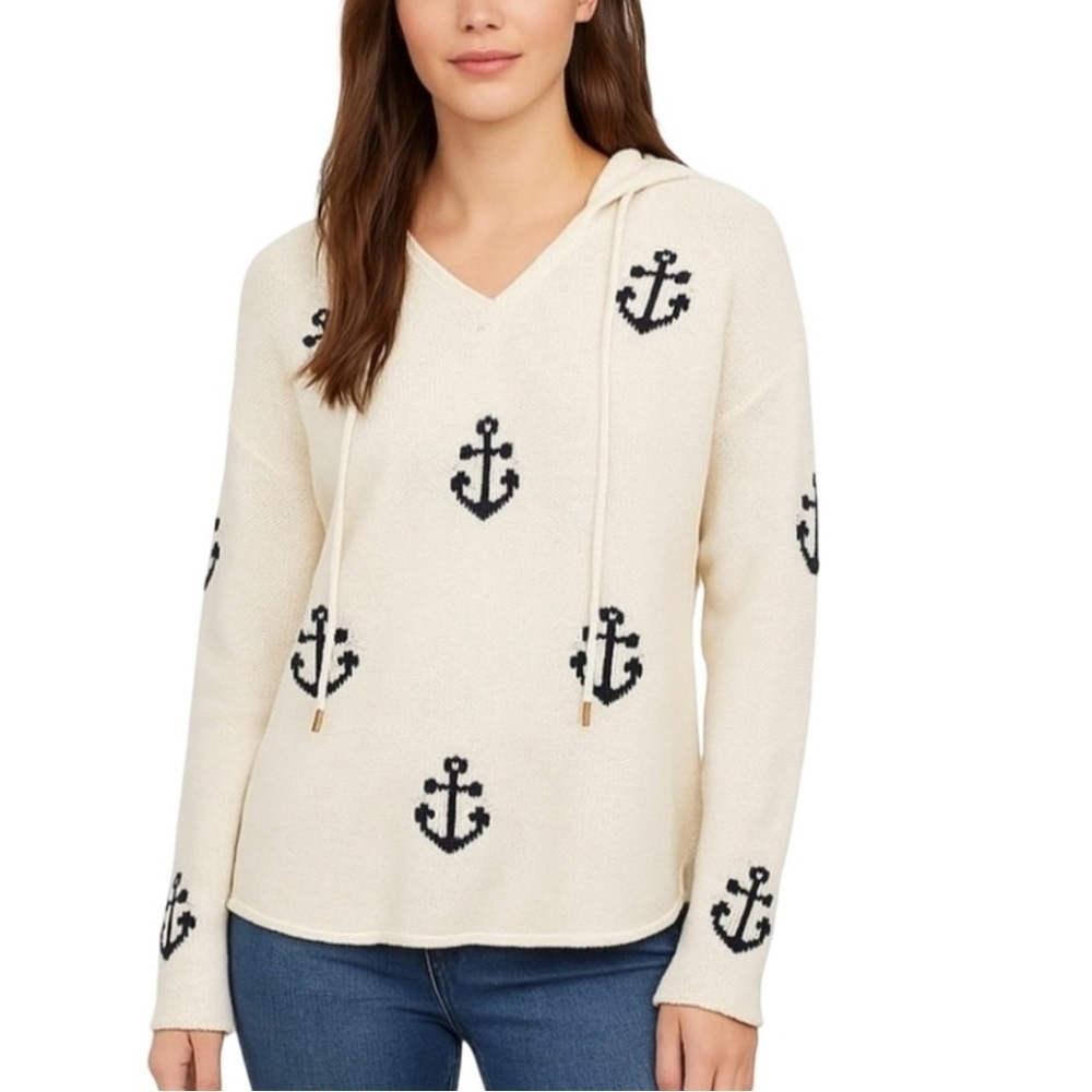 NWT Rachel Zoe Hooded Anchor Sweater  Cream Nautical Boat Beach Woman’s size M
